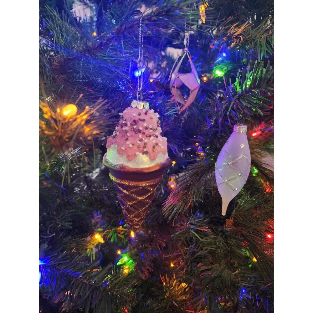 Blown Glass Ice Cream Cone Christmas Hanging Ornament Pastel‎ Candy Topping